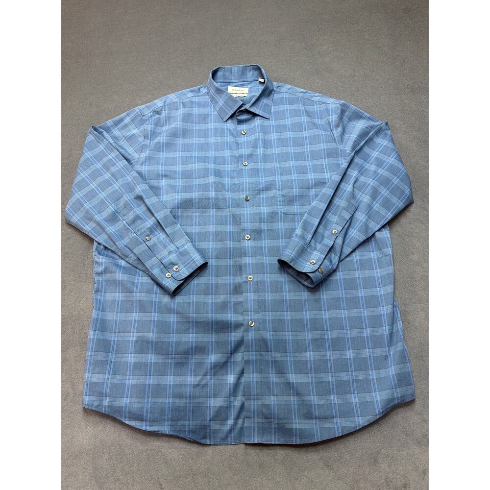 Calvin Klein Shirt Mens XL 17/17.5 Blue Wrinkle Free Stretch Plaid Button Up